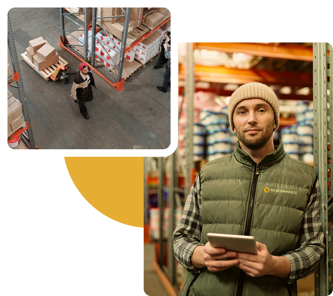 Warehouse workers organizing packages on shelves, with a man in a Nexcommerce vest holding a tablet.